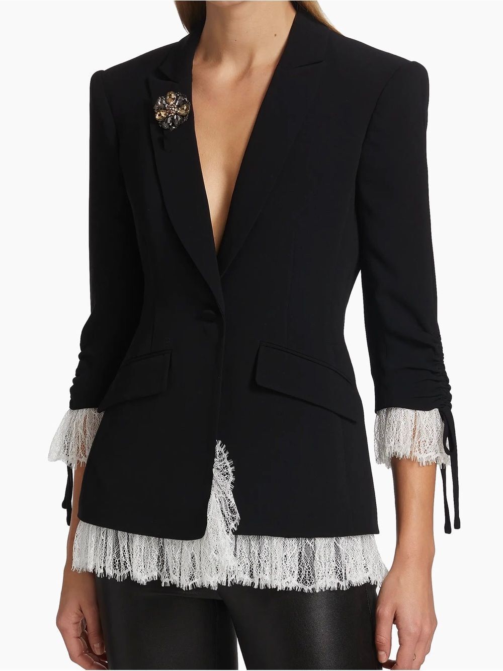 Cinq à Sept Crystal Brooch Lace Trimmed Crepe Blazer size 0